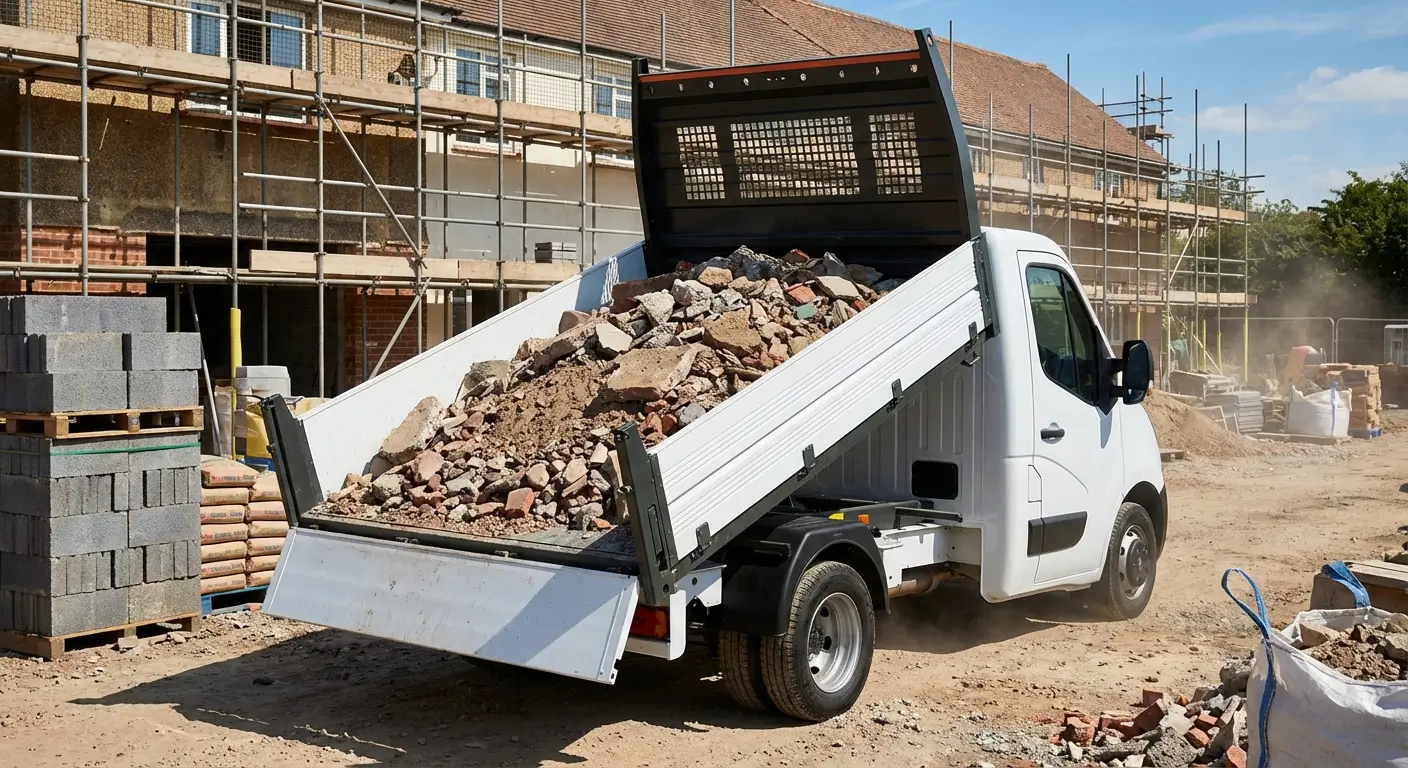 camion benne déversant des gravats dans un chantier
