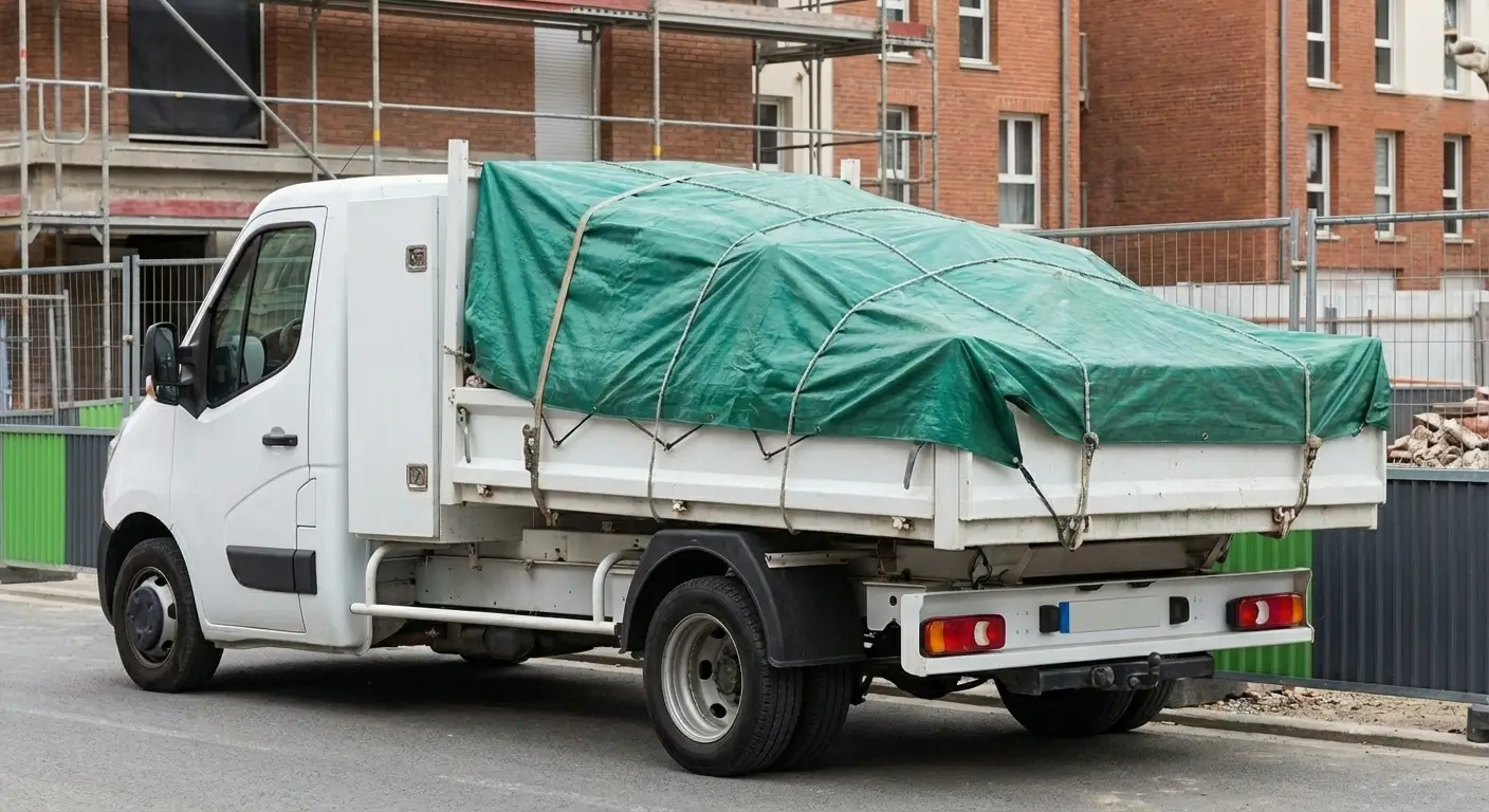 camion benne blanc 3,5 tonnes chargé de gravats et bien bâché avec une bâche verte correctement sanglée