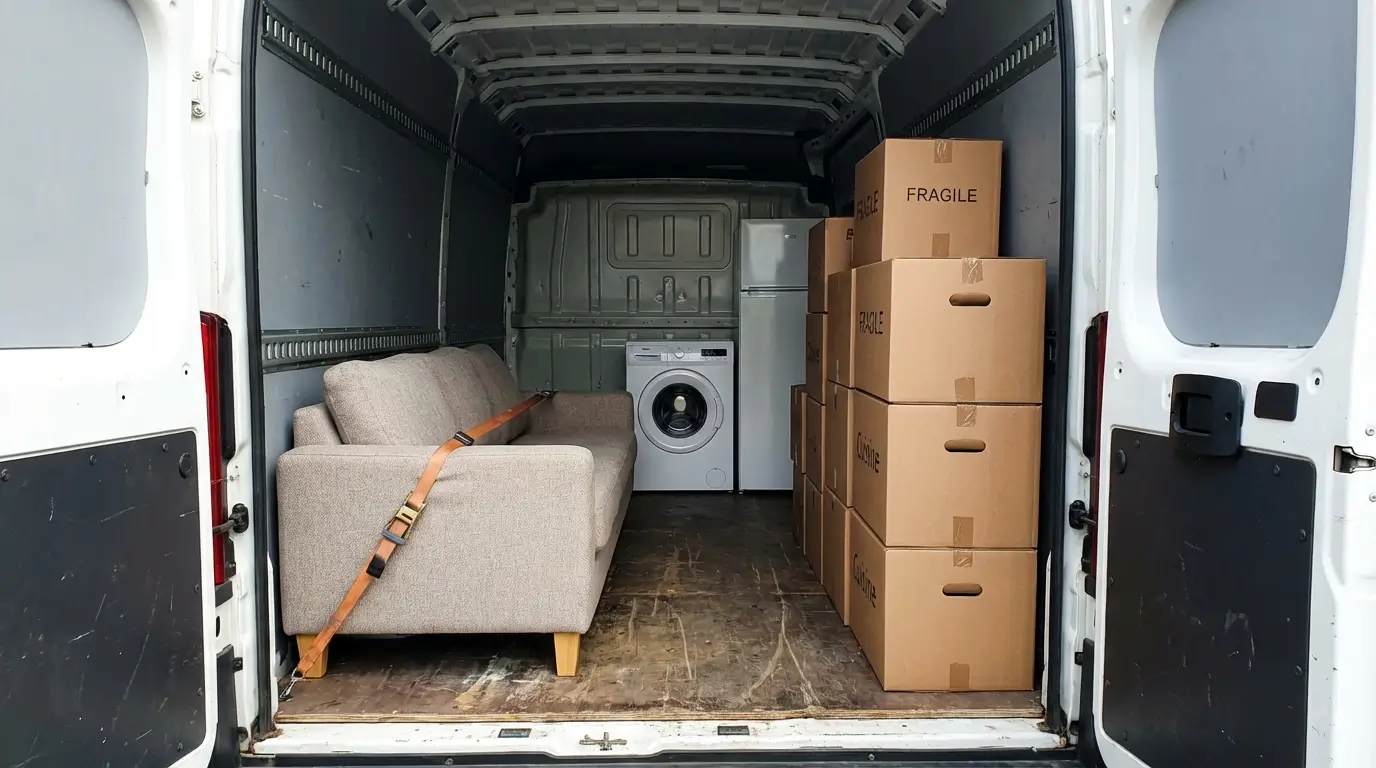 utilitaire 10m³ vu depuis les portes arrière ouvertes