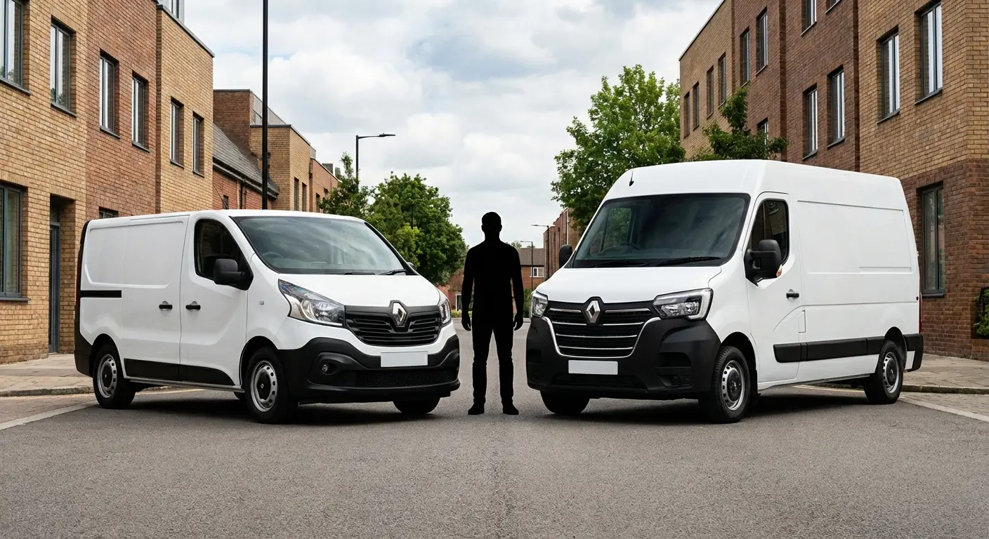 côte à côte de deux fourgons blancs : à gauche un Renault Trafic 6m³, à droite un Renault Master 10m³