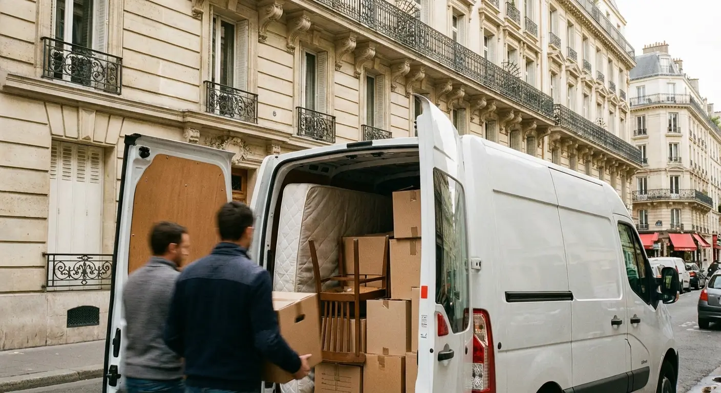 Renault Trafic blanc 6m³ garé devant un immeuble résidentiel