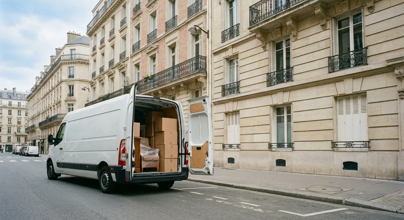 utilitaire blanc de 10m³ garé devant un immeuble résidentiel
