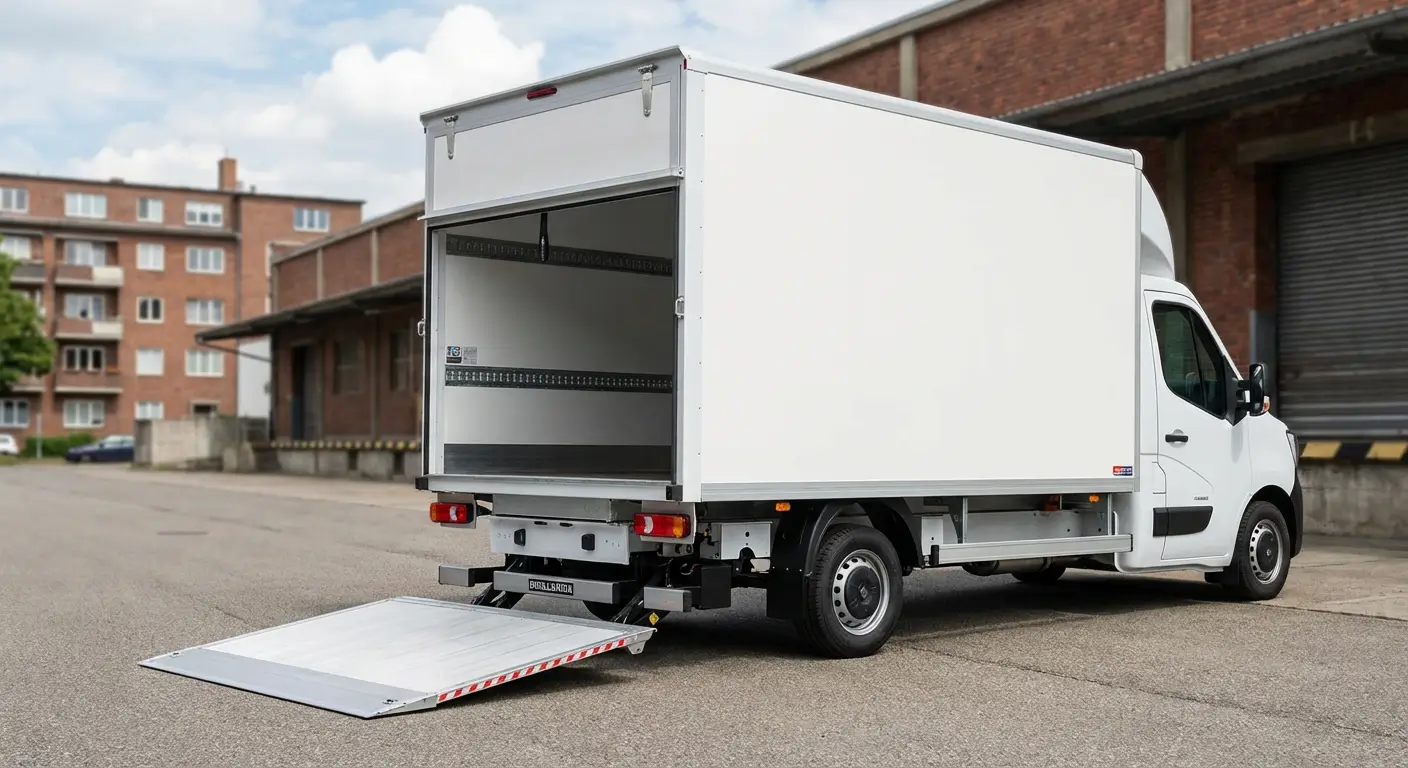 camion utilitaire 20m³ blanc avec le hayon élévateur déployé en position ouverte