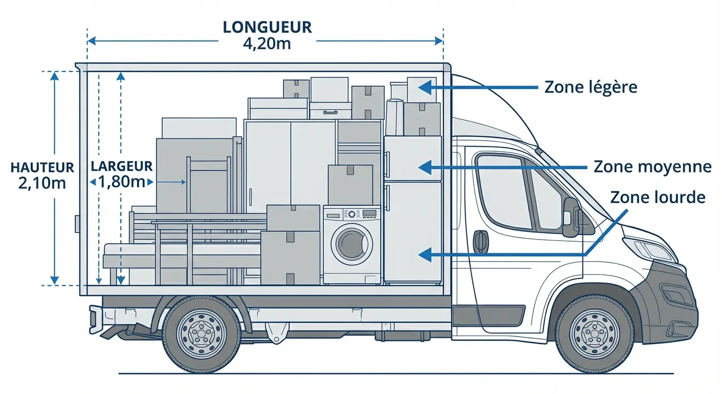 Schéma technique en vue de profil d'un utilitaire 20m3