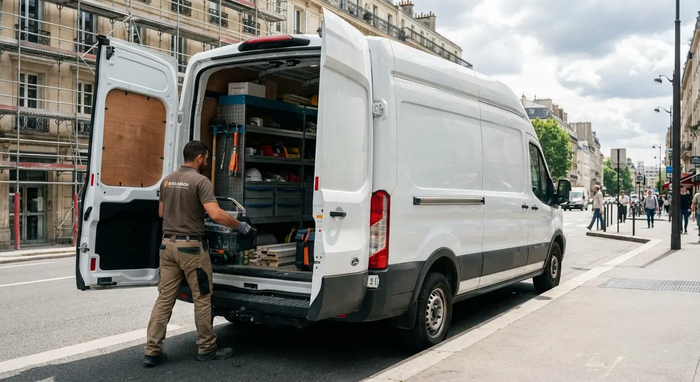 artisan en tenue de travail chargeant du matériel professionnel dans un utilitaire blanc 10m3