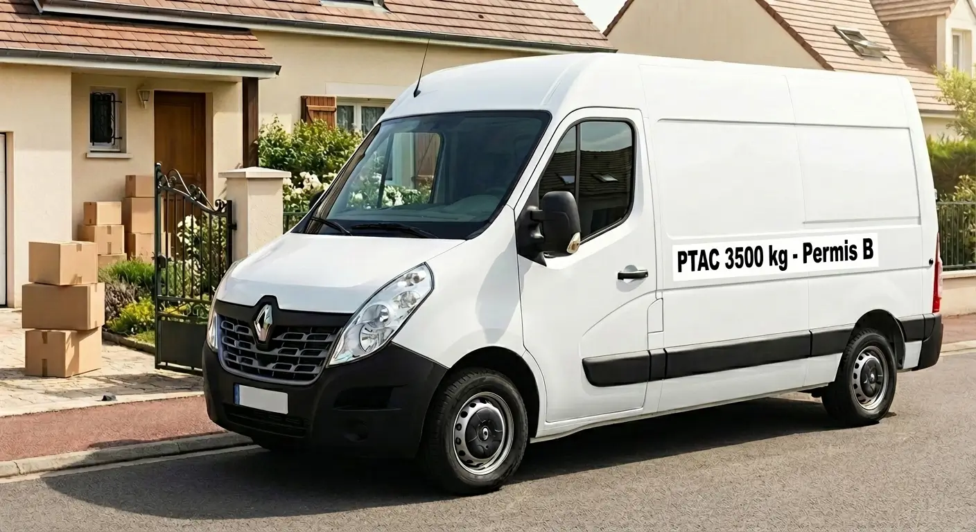 grand fourgon blanc de type Renault Master ou Ford Transit 20m³ garé devant une maison pavillonnaire