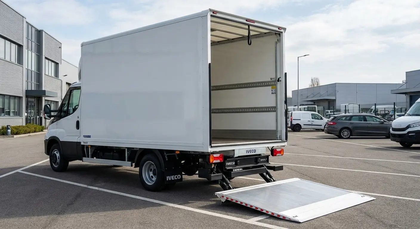 camion utilitaire blanc Iveco Daily 20m³ avec le hayon élévateur hydraulique déployé au niveau du sol