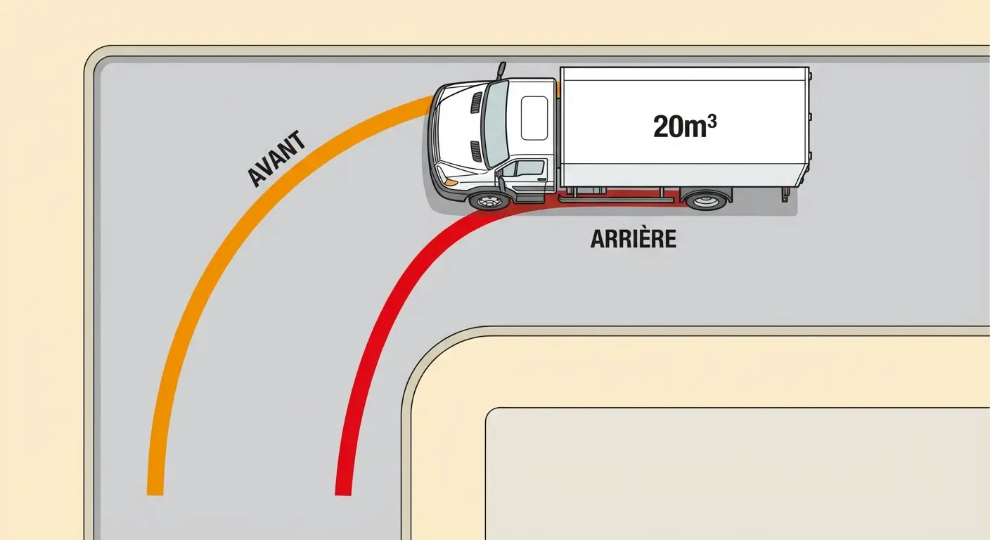 Illustration technique vue de dessus d'un camion utilitaire blanc 20m³ effectuant un virage à 90 degrés