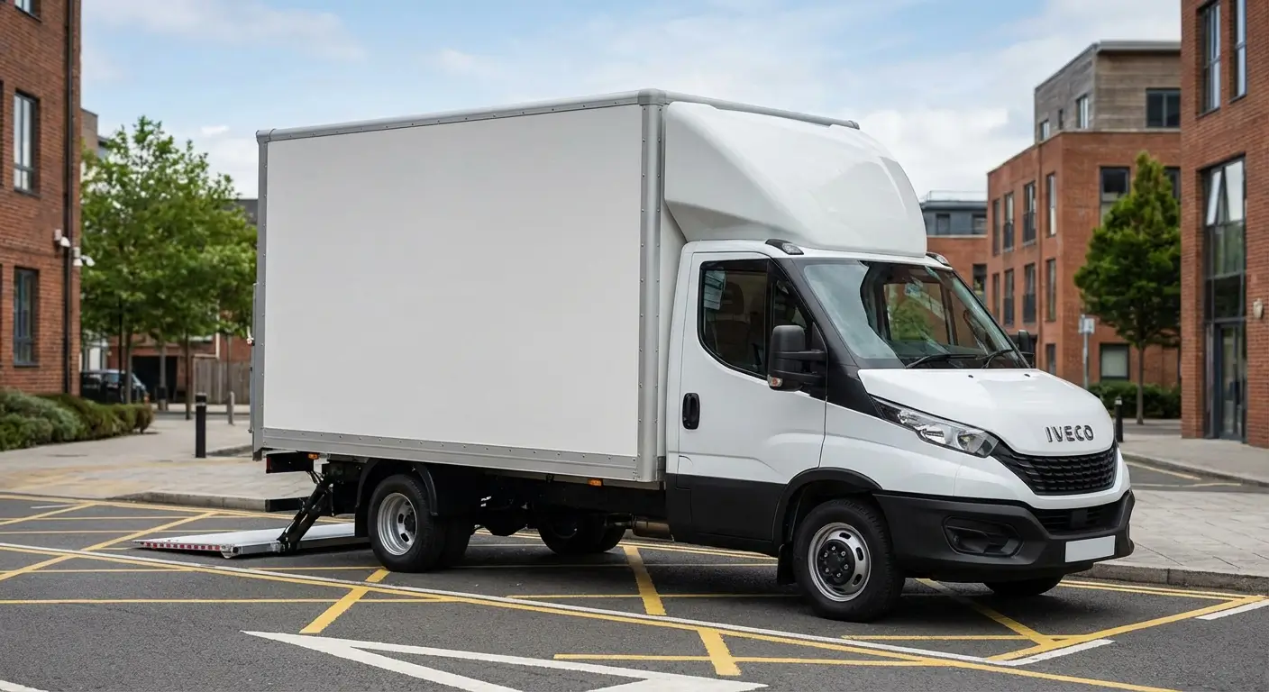 Iveco Daily 20m³ blanc avec hayon élévateur, vu de trois-quarts avant