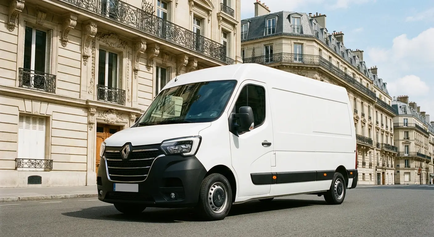 fourgon blanc moderne de type Renault Master ou Peugeot Boxer (10m³) stationné devant un immeuble