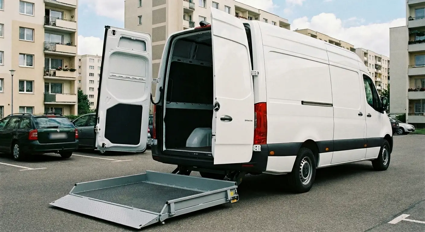 grand utilitaire blanc de 20m³ vu de trois-quarts arrière, avec son hayon élévateur hydraulique
