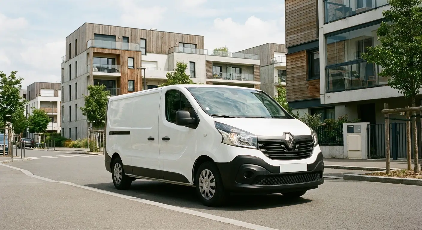 Renault Trafic blanc 6m³ garé dans une rue résidentielle calme